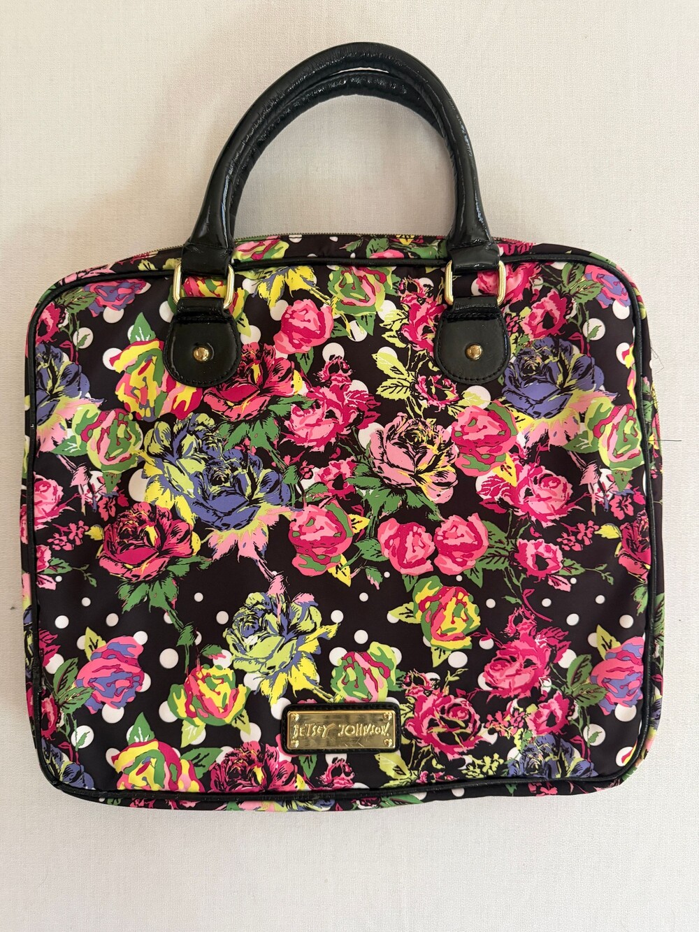 Betsey Johnson Laptop Floral Black Polka Dot with Patent Handles